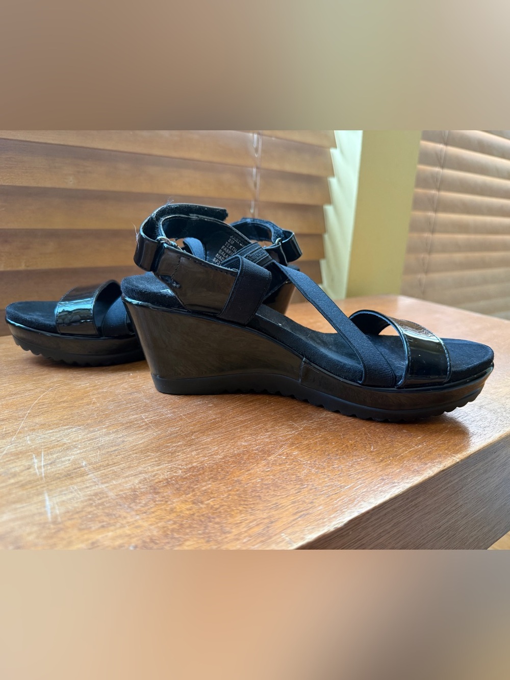 Anne Klein Black Patent Wedge Sandals